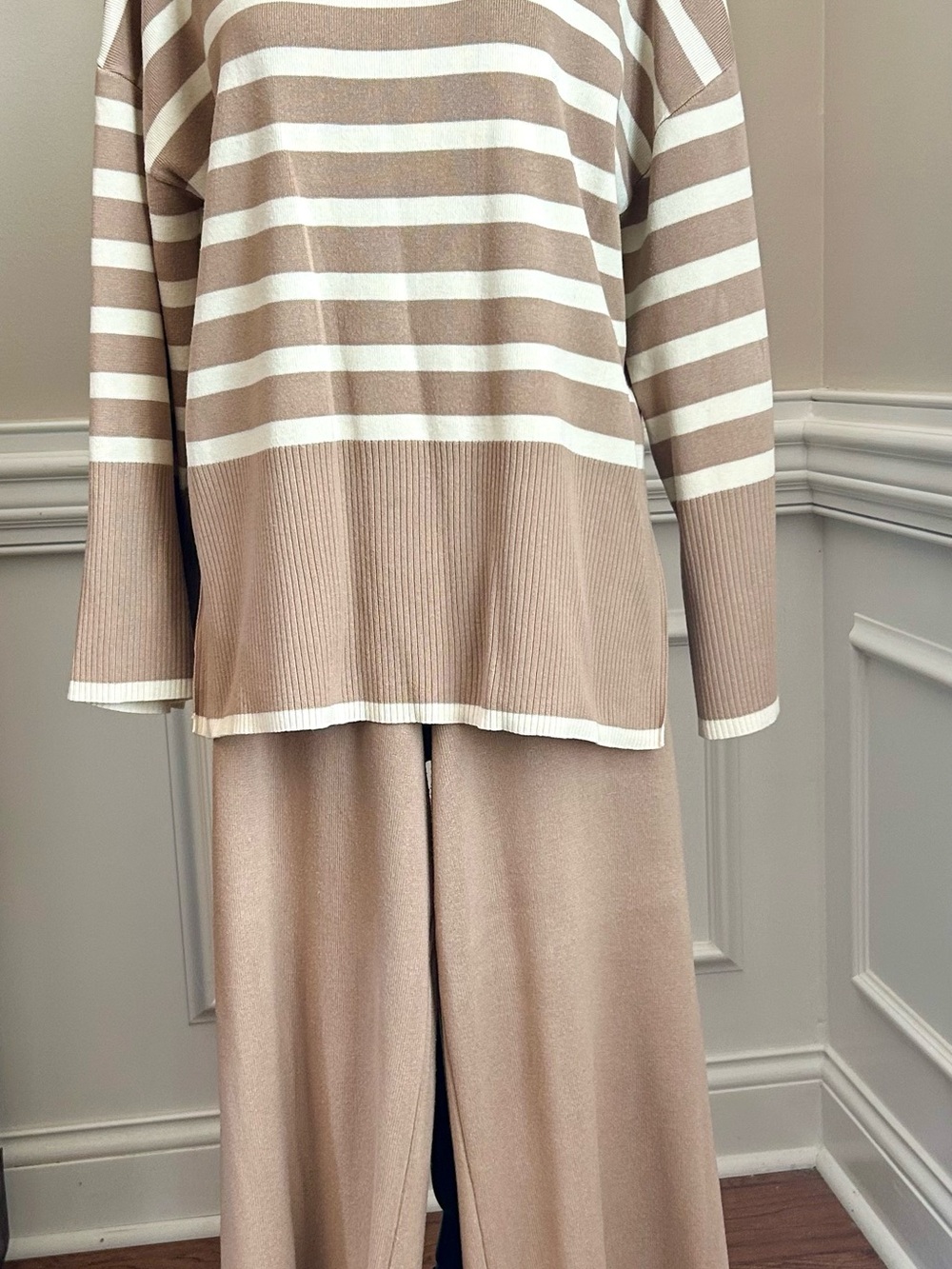 Stripe Knit Set in Beige & White